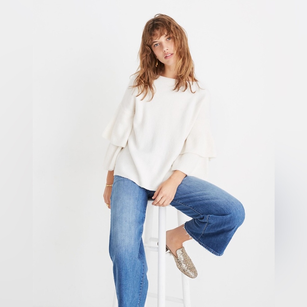 Madewell Tier-Sleeve Wool Pullover Sweater in Coziest Yarn Size M White H3340